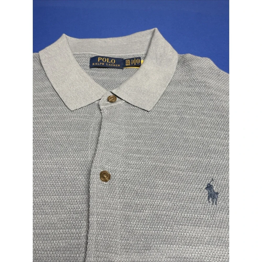 Polo Ralph Lauren Textured Cotton Linen Polo-Collar Sweater Shirt Blue